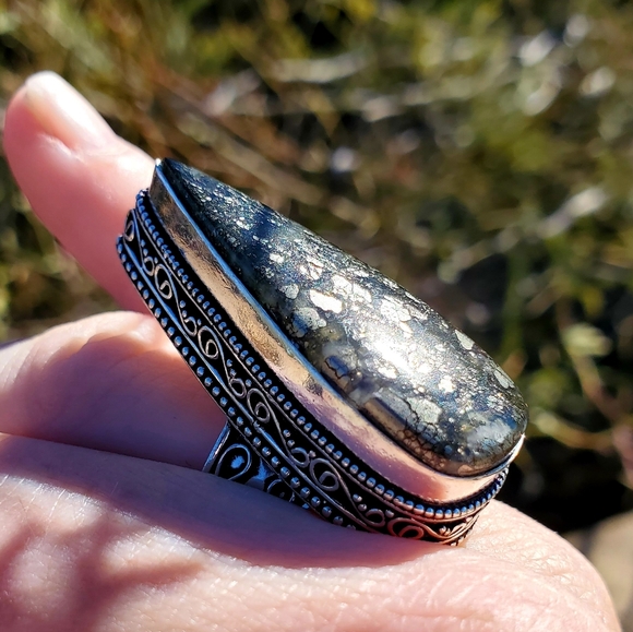 New Huge Pyrite Agate 925 Silver Statement Ring. - Picture 11 of 14